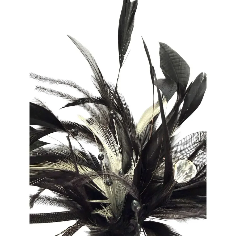 Bel Aire Bridal Black Feather Fascinator Hair Clip Mesh Beaded Formal Gothic